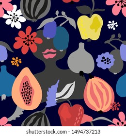 Crazy Summer Print. Seamless vector pattern with abstract woman and tropical fruits. Modern design for scarfs, dresses, swimwear, cards, posters. On black background.