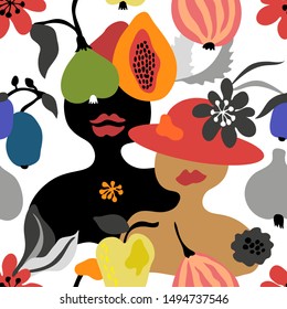 Crazy Summer Print. Seamless vector pattern with abstract women and tropical fruits. Modern design for scarfs, dresses, swimwear, cards, posters. On white background.