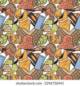 Crazy summer seamless pattern. Items for vacation. Rich print for designing clothes, notebooks, etc. Vector flat illustration. Holidays and tourism. Objects for the beach