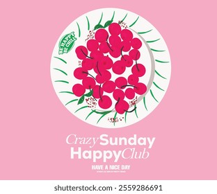 Crazy Sunday. Cherry fruit print. Nature fruit club print design. Cherry platter. Organic food artwork for for t-shirt. Fruit vintage t-shirt design. Start fresh day. Have a nice day.