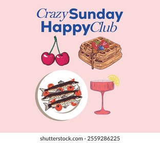 Crazy sunday happy club. Food vintage artwork. lunch dish artwork for t shirt print, poster, sticker and other uses.