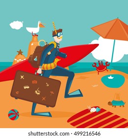 Crazy traveler on beach. Freak diver with surfboard. Summer vacation