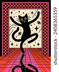 Crazy, trippy, funny, cute black cat dancing. Cosmic, galaxy background with planets and stars, cheerful colors. Happy cat in space. Acid art illustration. Simple, geometric shapes.