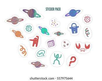 Crazy UFO sticker pack! Colorful stickers with planets, aliens and stars.