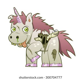 Crazy undead unicorn with the worm on the white background.