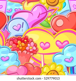 Crazy vector doodle love seamless pattern, funny colorful cartoon background
