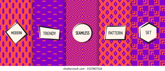 Crazy Vector Geometric Seamless Pattern Collection. Set Of Bright Colorful Background Swatches With Modern Minimal Labels. Abstract Funky Neon Textures. Retro 1980- 1990's Style. Red And Purple Color