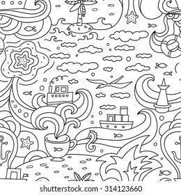 Crazy vector seamless pattern with sea elements: fishes, ships, anchors, seagulls. Can be used for wallpapers, web page backgrounds.