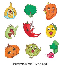 Vector de verduras locas. Imágenes prediseñadas sobre fondo blanco aislado, verduras ilustraciones planas