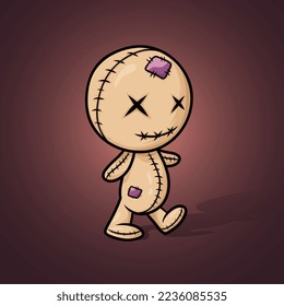 Crazy voodoo doll. Colored cute evil doll on a dark background with backlight and creepy shadow, halloween decoration. Sewn voodoo doll walking through. Vector illustration. 