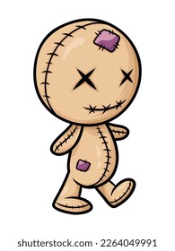 Crazy voodoo doll. Colored cute evil doll isolated. Sewn voodoo doll walking through. Vector illustration. Design for stickers, cards, invitations. Stitched thread funny zombie monster. 