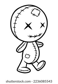 Mucha muñeca vudú. Hermosa muñeca malvada, decoración de halloween. Muñeca de vudú sorda caminando. Un monstruo zombi monocromo divertido de hilos con título. Diseño para colorear libros, pegatinas, tarjetas, invitaciones