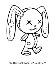 Crazy voodoo rabbit. Cute evil rabbit, halloween decoration. Sewn voodoo bunny walking through. Vector illustration. Design for coloring books, stickers, cards, invitations