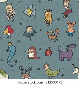 Crazy weird animals and aliens drawings seamless vector pattern