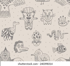 Crazy weird animals drawings seamless vector pattern