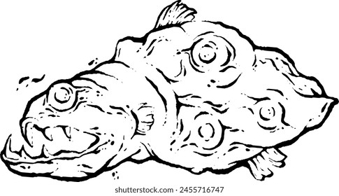 Crazy Weird Fish Monster, Black and white pattern, creative doodles, Weirdcore art. Vector illustration