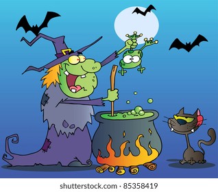 Crazy Witch With Black Cat Holding A Frog And Preparing A Potion In Night