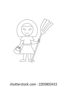 Crazy witch holding broomstick vector isolated on white background. Happy Halloween vector illustration. Halloween character vector Perfect for coloring book, textiles, icon, web, painting.
