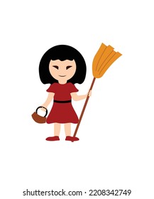 Crazy witch holding broomstick vector isolated on white background. Happy  Halloween vector illustration.