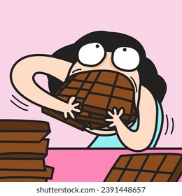 Crazy Woman Eating Chocolate Bars Unstoppably. Chocolate And Sugar Addiction Concept Card Character illustration