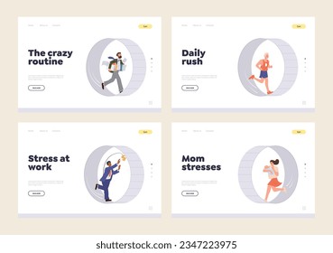 Crazy work routine, daily rush, mom and employee stress concept for landing page design template