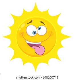 Crazy Yellow Sun Cartoon Emoji Face Character With Mad Expression And Protruding Tongue. Vector Illustration Isolated On White Background