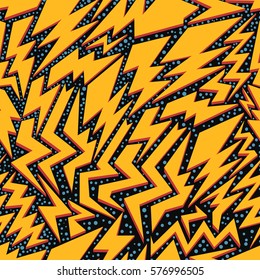 Crazy yellow thunder lightning seamless pattern on black background with white stars. Vector illustration. EPS 10.