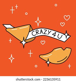 Crazy for you. Cute fortune cookie Valentine's Day card. Hand drawn vector illustration in cartoon style.