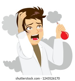 Crazy young mad scientist shouting with exploding experiment