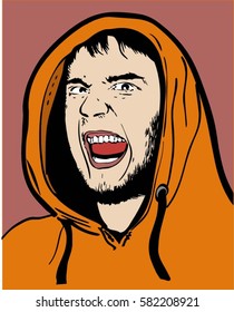 Crazy young man in orange sweatshirt. The bearded hipster looks furiously with a sneer. On the human face facial expression expressing fury, laughter, anger, mockery, crying.