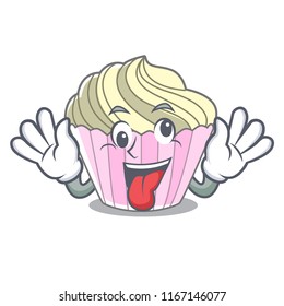 Crazy yummy meringue cake on mascot cartoon