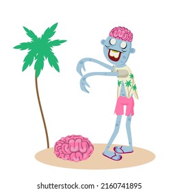 Crazy zombie beach with brains, shorts, flip-flops, t-shirt with palm trees.