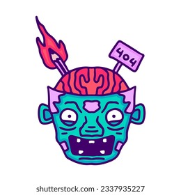 Cabeza zombie loca, ilustración para camisetas, pegatinas o prendas de vestir. Con doodle, retro y estilo de caricatura.