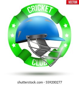 Crcket Sport Label. Helmet with ribbons. Sporting Symbol and mascot. Vector Illustration Isolated on white background.