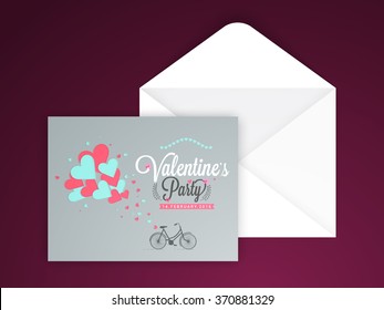 Creaitve balloons decorated greeting card with envelope for Happy Valentine's Day celebration.