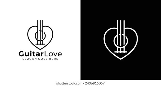 Logo Creativo del Amor de la Guitarra. Agujero de sonido de corazón y guitarra con estilo de contorno lineal. Plantilla de diseño de vectores de símbolo de logotipo musical.