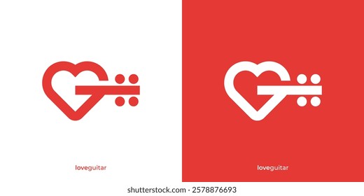 Creaitve Guitar Love Logo. Heart Shape and Guitar Graphic Icons. Musical Logo Design Template.