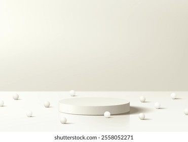 Cream 3D cylindrical podium background with sphere ball. Empty studio wall scene. Minimalist mockup pedestal. Abstract stand product display presentation, Stage for showcase. Vector platform design.