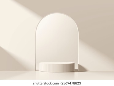 Cream 3D cylindrical podium background in Arch gate backdrop, Studio wall scene. Minimalist 3D mockup pedestal. Abstract stand product display presentation, Stage for showcase. Vector platform design.