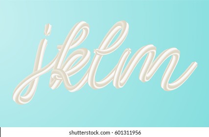 Cream abc letters set. White buttercream alphabet isolated on turquoise background. Vector illustration. Good for poster banner advertising packaging design. 
Sweet food cursive font.