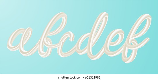 Cream abc letters set. White cream alphabet isolated on turquoise background. Vector illustration. 