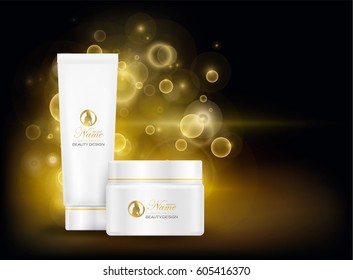 Cream ads, white,black,gold makeup tube template. Design cosmetics product advertising, blure and bokeh background, sparkling effect. 3d Vector illustration for cream, soups, foams, lotions.