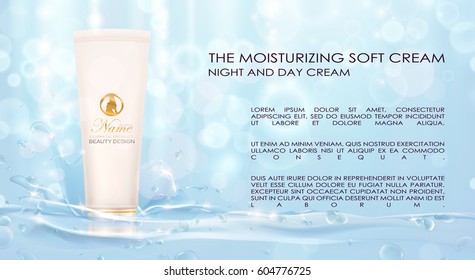 Cream ads, white,gold makeup tube template. Design cosmetics product advertising, blur and bokeh background, sparkling effect. 3d Vector illustration for cream, soaps. Water or oil splash and drops.