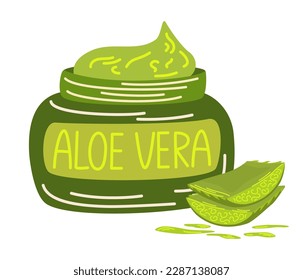 Crema con aloe vera. Cosméticos naturales para cara y cuerpo. Piezas de planta de aloe vera. Productos, impresión y web. Ilustración de dibujos vectoriales aislados en el fondo blanco.