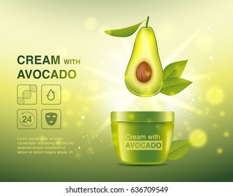 Cream with avocado, advertising poster vector graphics. Natural cosmetics packaging
