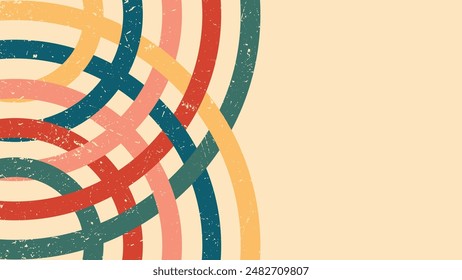 Cream background with colorful, overlapping, textured arcs. Suitable for abstract designs, backgrounds, posters, and vibrant artwork projects. energizing and dynamic aesthetic.