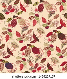 cream background with dark red, brown and green textured leaves and linear flower blooms. All over print tile with natural pattern filled leaves and cute flower line art. Kids, womens, interior design