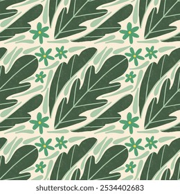 Fundo de creme folhas verdes e flores desenhadas à mão vetor. Bonito adorável adorável. Cor retrô. Bom para papel de parede, venda banners, cartazes, etiquetas, tecido, papelaria, cartão de saudação, wrapper presente