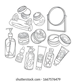 Cream, balm, shampoo, essence. Mirror. Set. Isolated object. Black and white.