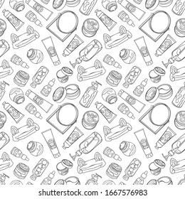 Cream, balm, shampoo, essence, tonic. Mirror. Set. Isolated vector objects on a white background. 